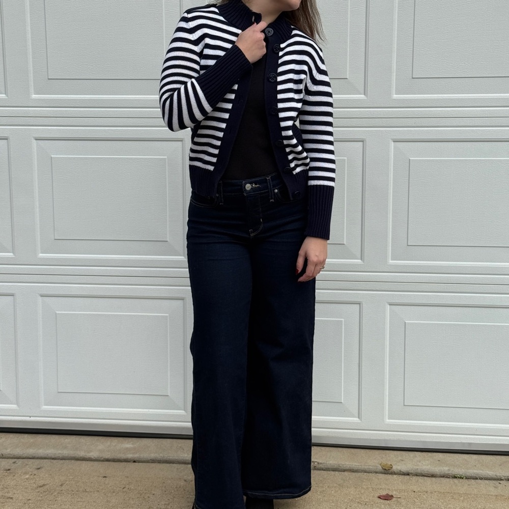 Talbots White & Navy Striped Cardigan